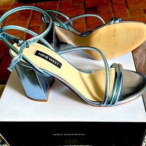 Blue chrome block heels never worn